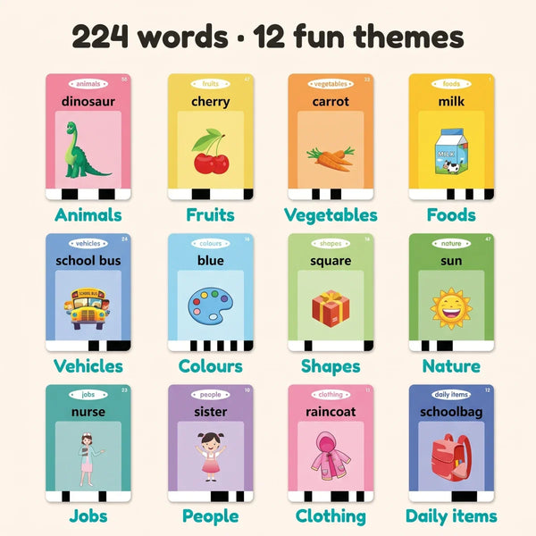 224 words across 12 fun learning themes shown as flash cards