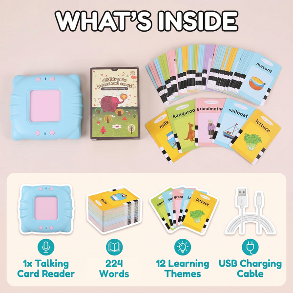 What's inside: 1 talking card reader, 224 words on flash cards, 12 learning themes, USB charging cable