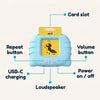 MyFirstWords reader features: card slot, buttons, USB-C charging, loudspeaker
