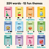 224 words across 12 fun learning themes shown as flash cards